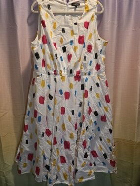 Lane Bryant White Midi Dress with Pink, Yellow, Blue & Black Paint-Block Print